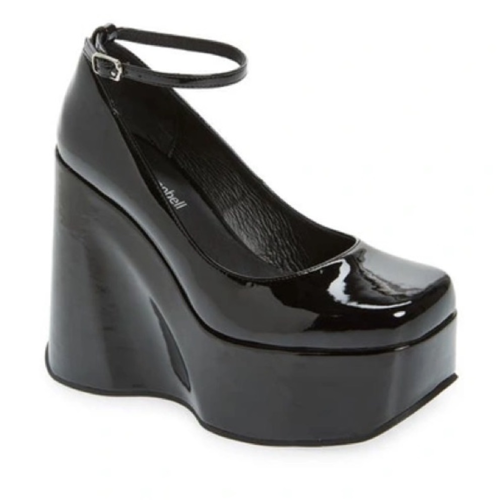 Jeffrey Campbell Yazmin Patent Platforms Wedge Heels with Ankle Strap in Black